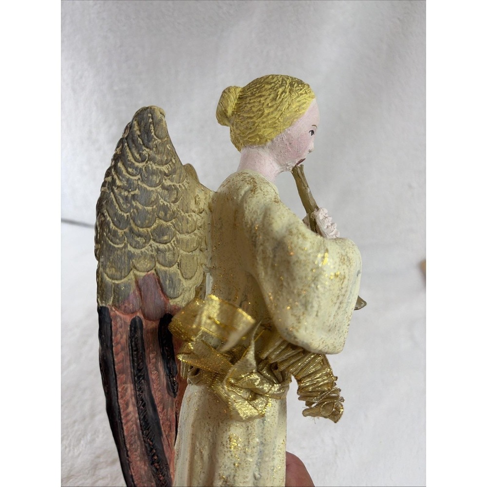 Vintage 90s Christmas Angel Figurine Playing Horn Gold & Cream Decor Solid Resin - Picture 6 of 10